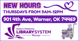 New hours for our temporary location for Warner Public Library is Thursdays from 9 am until 12 pm